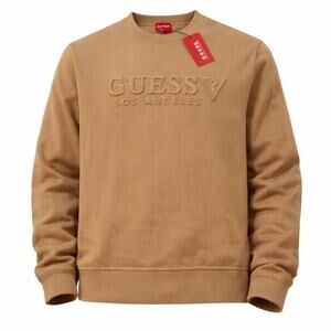 GUESS Los Angeles Embossed Logo Crewneck Sweater Toasted Taupe NEW w/ Tags M